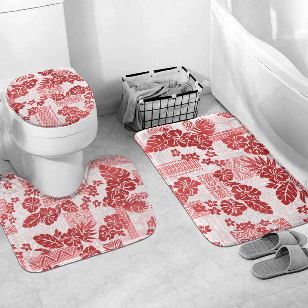 Vintage Hawaii Bathroom Set Hibiscus Tapa Tribal With Hawaiian Quilt Pattern Red LT9 Mat Set Only (3 pcs) One Size Red - Polynesian Pride