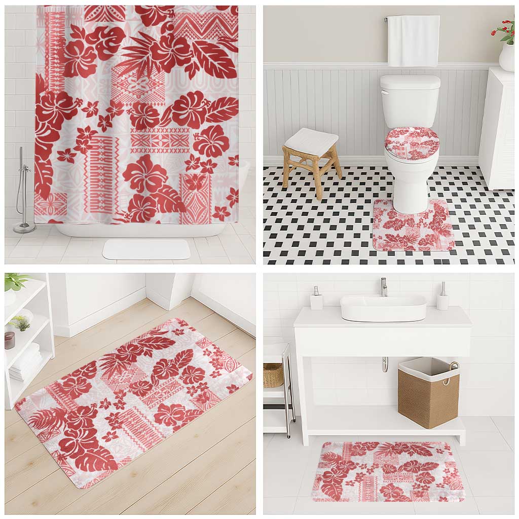 Vintage Hawaii Bathroom Set Hibiscus Tapa Tribal With Hawaiian Quilt Pattern Red LT9 - Polynesian Pride