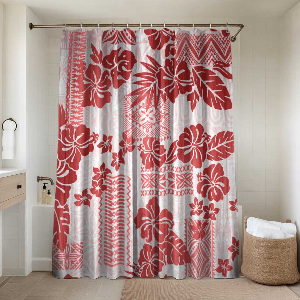 Vintage Hawaii Bathroom Set Hibiscus Tapa Tribal With Hawaiian Quilt Pattern Red LT9 Shower Curtain Only Red - Polynesian Pride