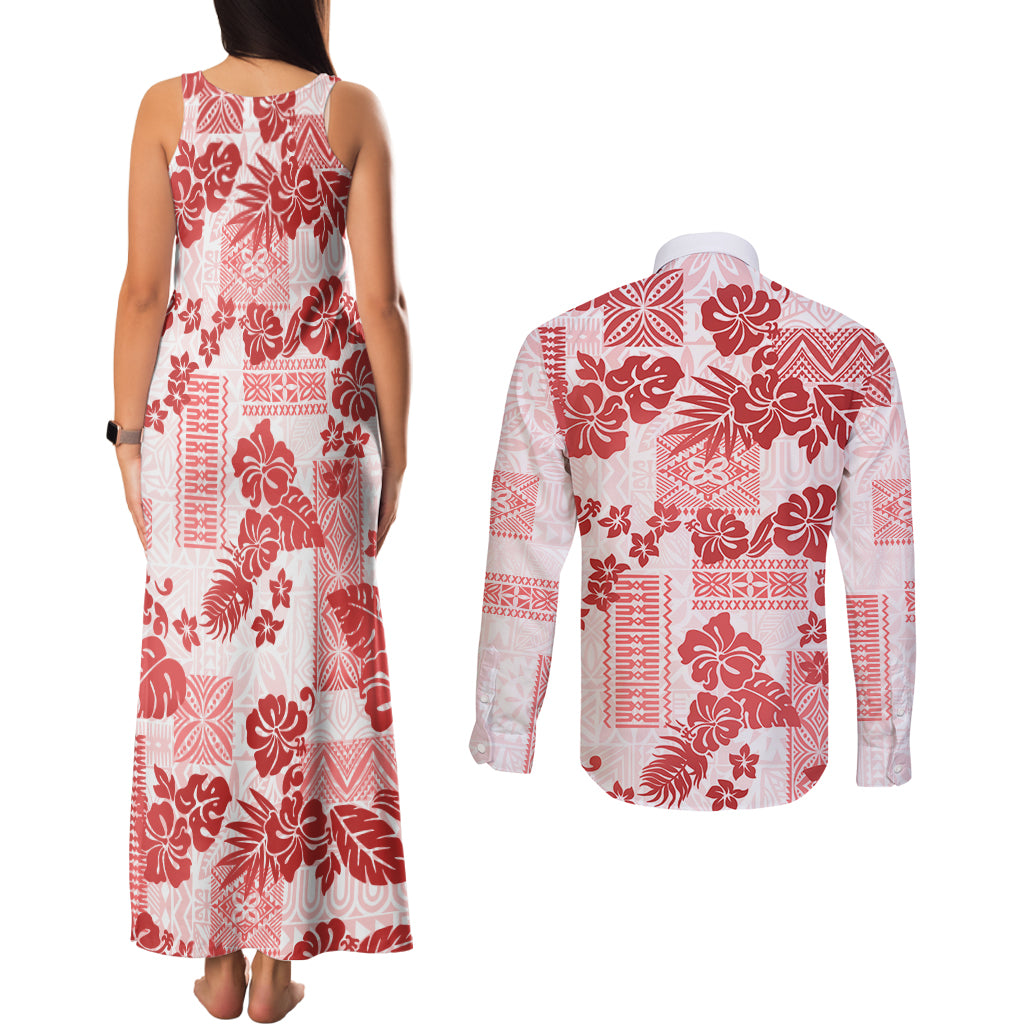 Vintage Hawaii Couples Matching Tank Maxi Dress and Long Sleeve Button Shirt Hibiscus Tapa Tribal With Hawaiian Quilt Pattern Red LT9 - Polynesian Pride