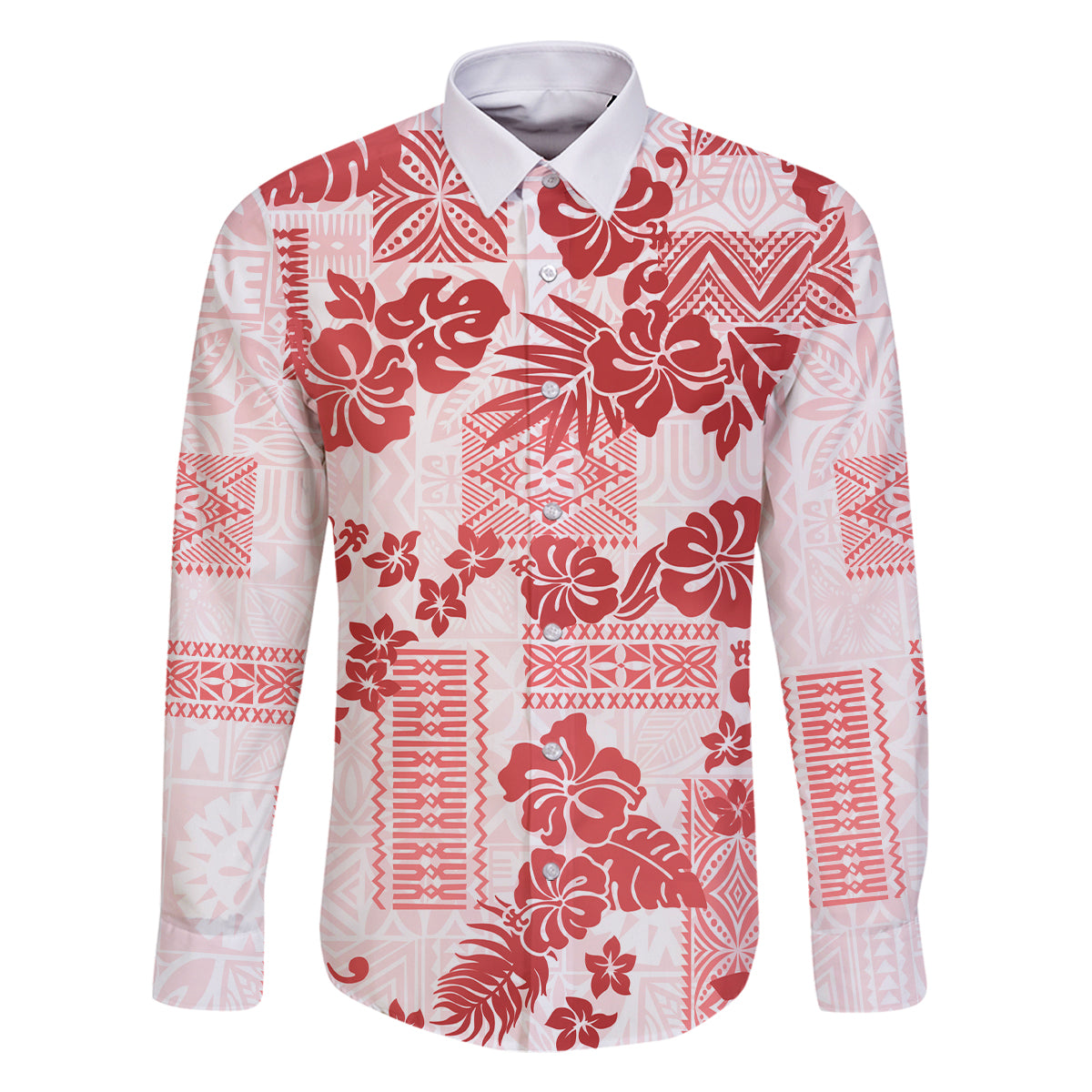 Vintage Hawaii Family Matching Off Shoulder Long Sleeve Dress and Hawaiian Shirt Hibiscus Tapa Tribal With Hawaiian Quilt Pattern Red LT9 Dad's Shirt - Long Sleeve Red - Polynesian Pride