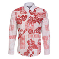 Vintage Hawaii Family Matching Off Shoulder Long Sleeve Dress and Hawaiian Shirt Hibiscus Tapa Tribal With Hawaiian Quilt Pattern Red LT9 Dad's Shirt - Long Sleeve Red - Polynesian Pride