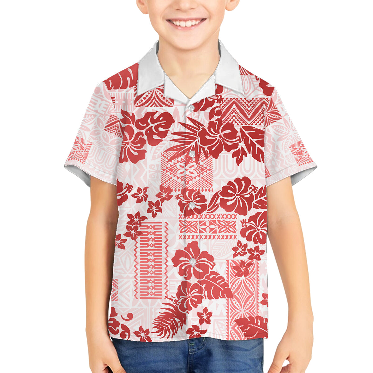 Vintage Hawaii Family Matching Off Shoulder Long Sleeve Dress and Hawaiian Shirt Hibiscus Tapa Tribal With Hawaiian Quilt Pattern Red LT9 Son's Shirt Red - Polynesian Pride