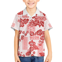 Vintage Hawaii Family Matching Off Shoulder Long Sleeve Dress and Hawaiian Shirt Hibiscus Tapa Tribal With Hawaiian Quilt Pattern Red LT9 Son's Shirt Red - Polynesian Pride