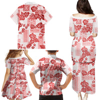 Vintage Hawaii Family Matching Puletasi Dress and Hawaiian Shirt Hibiscus Tapa Tribal With Hawaiian Quilt Pattern Red LT9 - Polynesian Pride