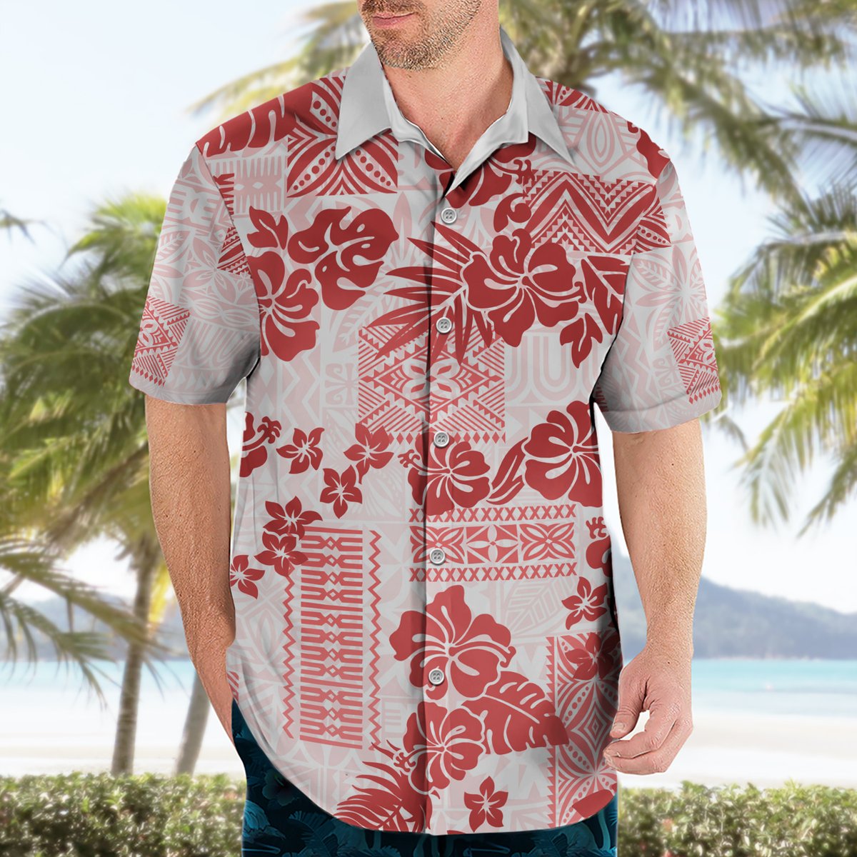 Vintage Hawaii Hawaiian Shirt Hibiscus Tapa Tribal With Hawaiian Quilt Pattern Red LT9 - Polynesian Pride
