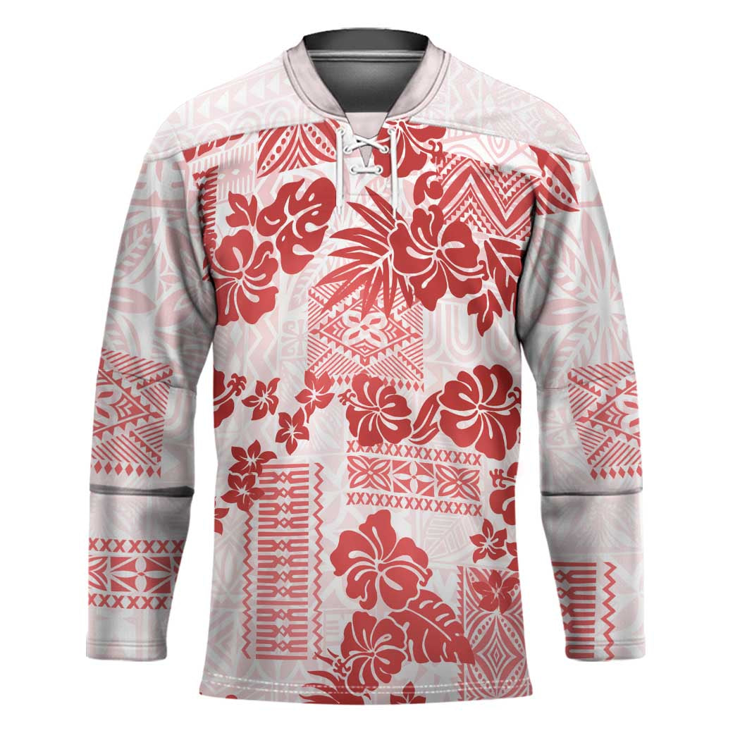 Vintage Hawaii Hockey Jersey Hibiscus Tapa Tribal With Hawaiian Quilt Pattern Red - Polynesian Pride