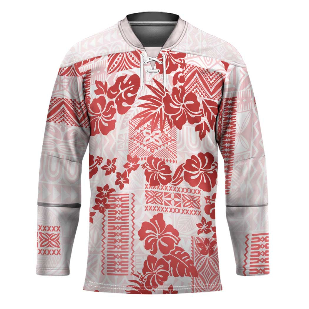 Vintage Hawaii Hockey Jersey Hibiscus Tapa Tribal With Hawaiian Quilt Pattern Red - Polynesian Pride