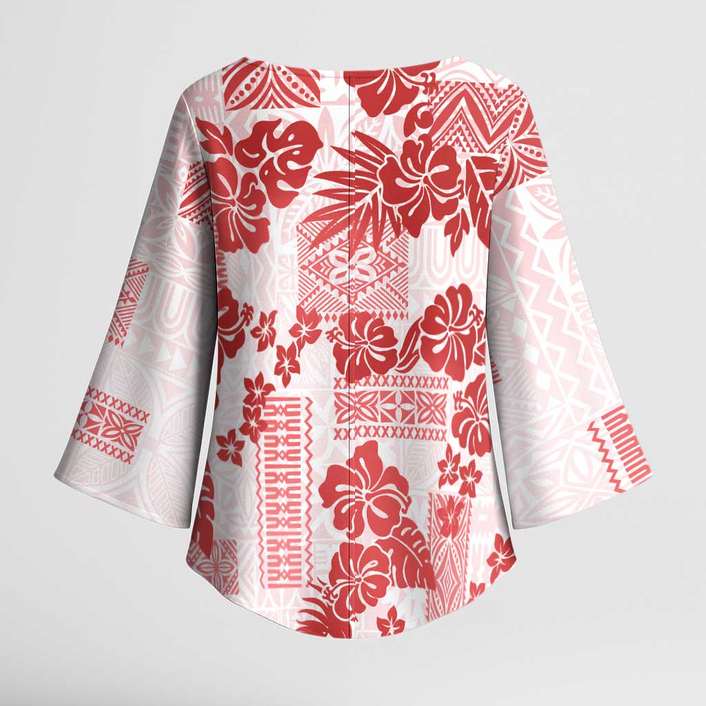 Vintage Hawaii Kimono Sleeve Blouse Hibiscus Tapa Tribal With Hawaiian Quilt Pattern Red - Polynesian Pride