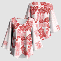 Vintage Hawaii Kimono Sleeve Blouse Hibiscus Tapa Tribal With Hawaiian Quilt Pattern Red - Polynesian Pride