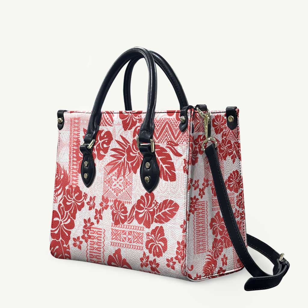Vintage Hawaii Leather Bag Hibiscus Tapa Tribal With Hawaiian Quilt Pattern Red - Polynesian Pride