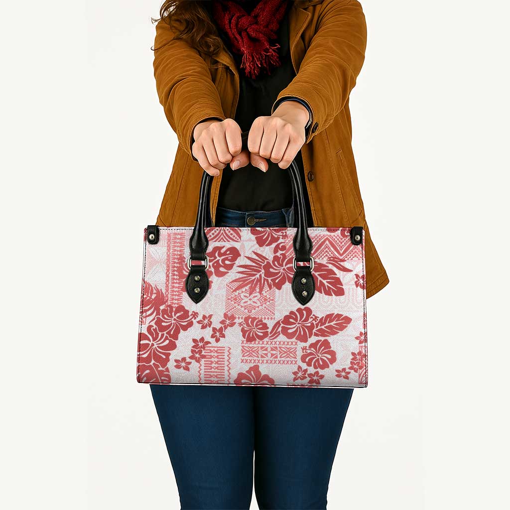 Vintage Hawaii Leather Bag Hibiscus Tapa Tribal With Hawaiian Quilt Pattern Red - Polynesian Pride