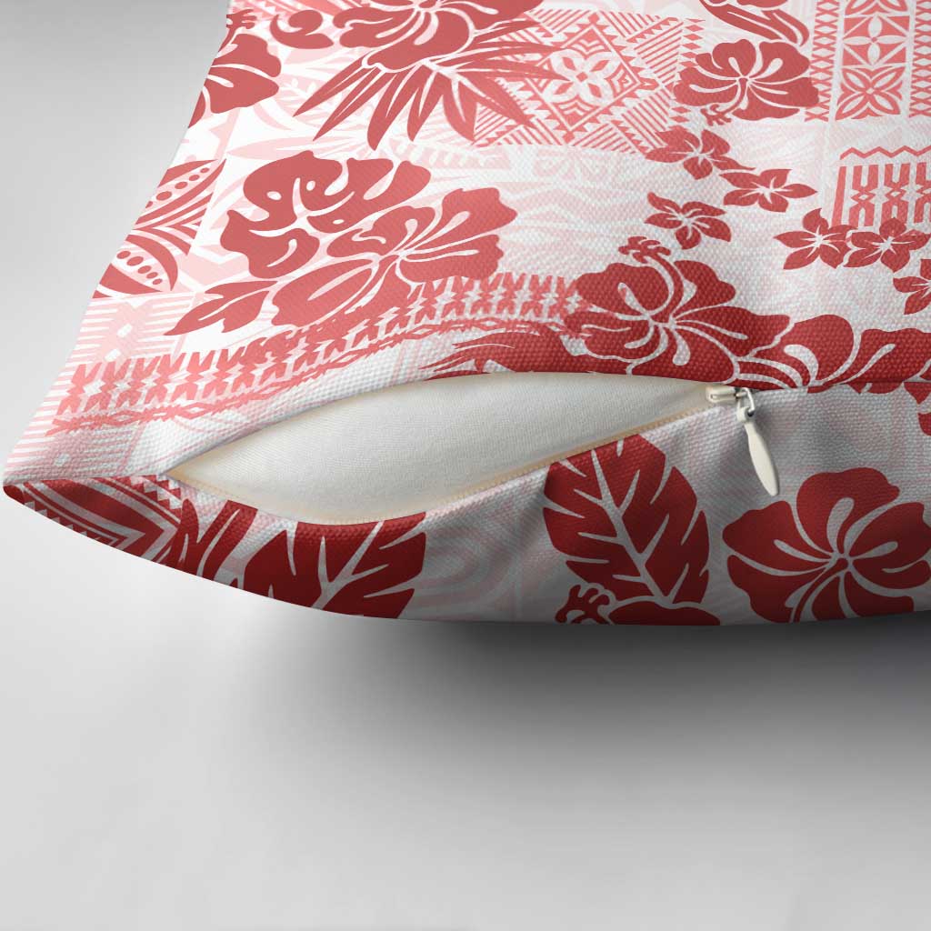 Vintage Hawaii Pillow Cover Hibiscus Tapa Tribal With Hawaiian Quilt Pattern Red - Polynesian Pride