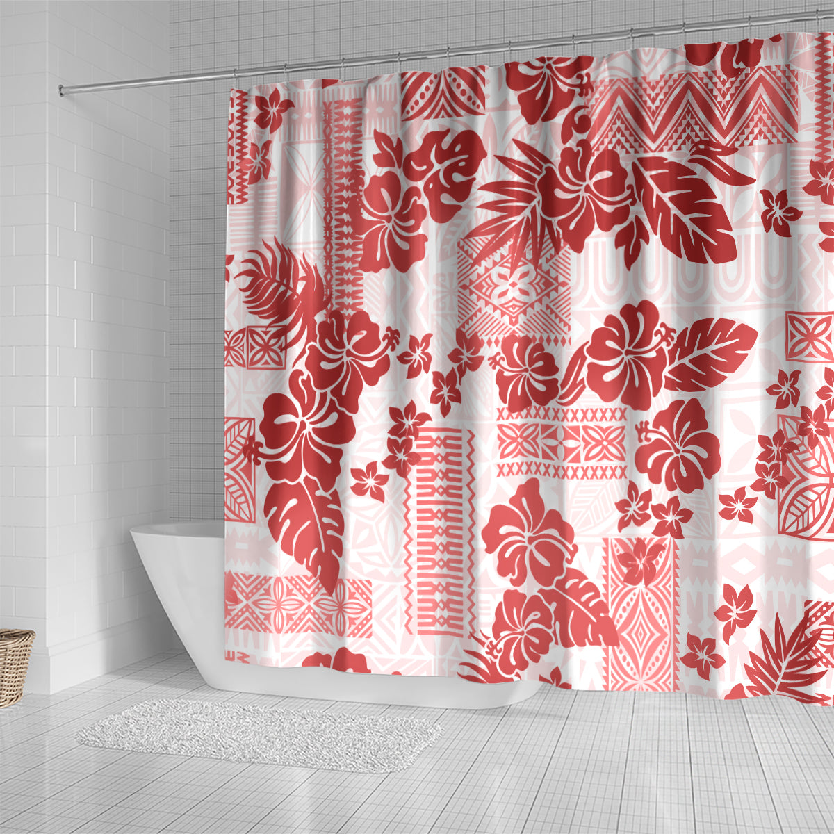 Vintage Hawaii Shower Curtain Hibiscus Tapa Tribal With Hawaiian Quilt Pattern Red LT9 - Polynesian Pride