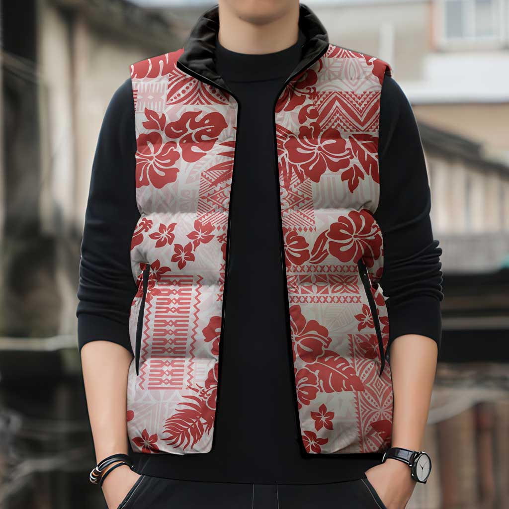 Vintage Hawaii Sleeveless Puffer Jacket Hibiscus Tapa Tribal With Hawaiian Quilt Pattern Red - Polynesian Pride