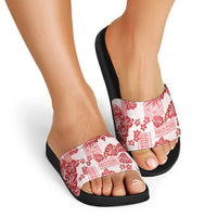 Vintage Hawaii Slide Sandals Hibiscus Tapa Tribal With Hawaiian Quilt Pattern Red - Polynesian Pride