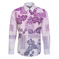 Vintage Hawaii Family Matching Off Shoulder Maxi Dress and Hawaiian Shirt Hibiscus Tapa Tribal With Hawaiian Quilt Pattern Violet LT9 Dad's Shirt - Long Sleeve Violet - Polynesian Pride