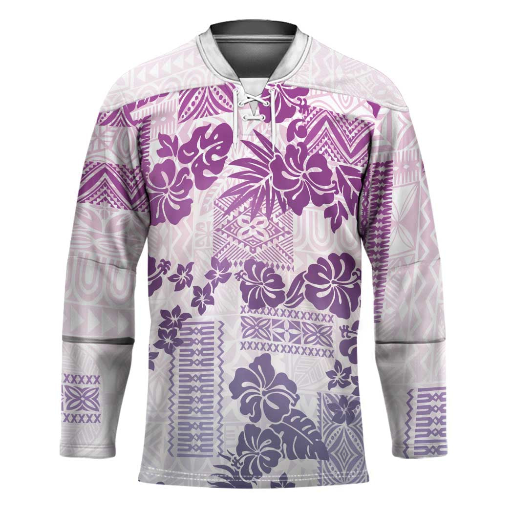 Vintage Hawaii Hockey Jersey Hibiscus Tapa Tribal With Hawaiian Quilt Pattern Violet - Polynesian Pride