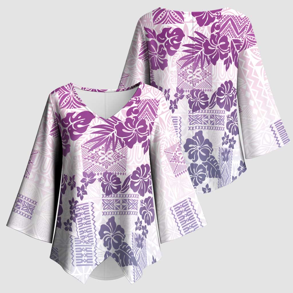 Vintage Hawaii Kimono Sleeve Blouse Hibiscus Tapa Tribal With Hawaiian Quilt Pattern Violet - Polynesian Pride