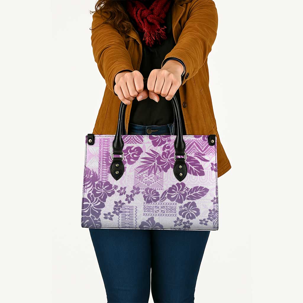Vintage Hawaii Leather Bag Hibiscus Tapa Tribal With Hawaiian Quilt Pattern Violet - Polynesian Pride