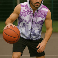 Vintage Hawaii Sleeveless Zip Hoodie Hibiscus Tapa Tribal With Hawaiian Quilt Pattern Violet - Polynesian Pride