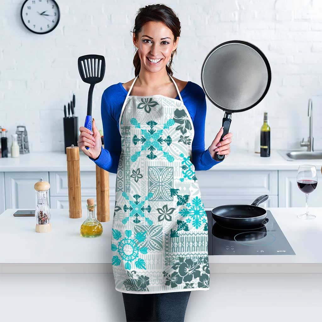 Hawaii Tapa Tribal Apron With Hawaiian Quilt Pattern Aqua - Polynesian Pride