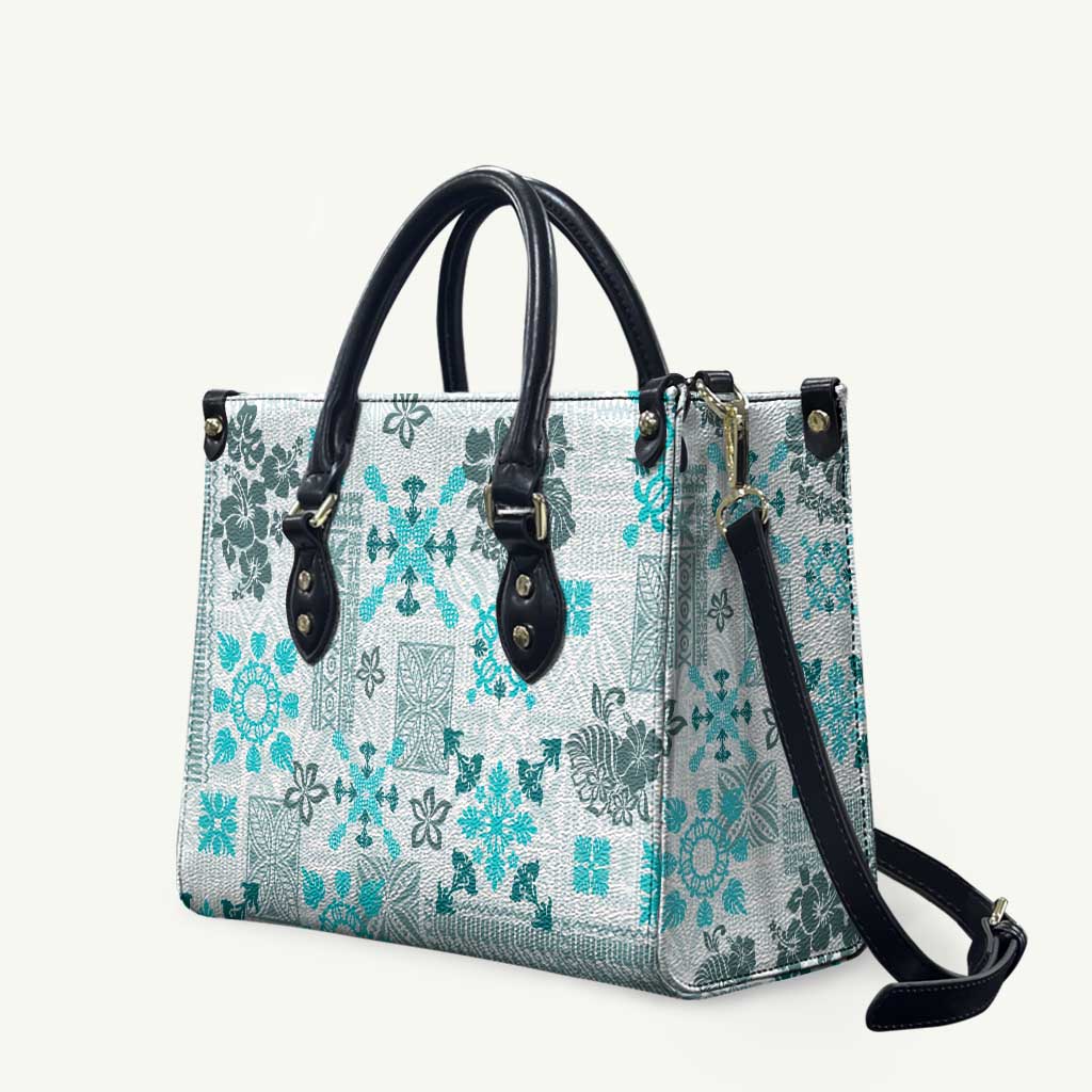 Hawaii Tapa Tribal Leather Bag With Hawaiian Quilt Pattern Aqua - Polynesian Pride