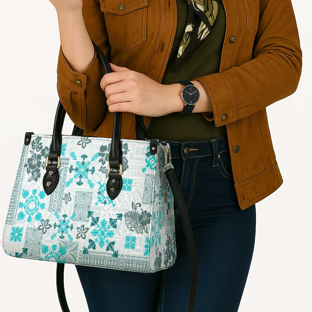 Hawaii Tapa Tribal Leather Bag With Hawaiian Quilt Pattern Aqua - Polynesian Pride