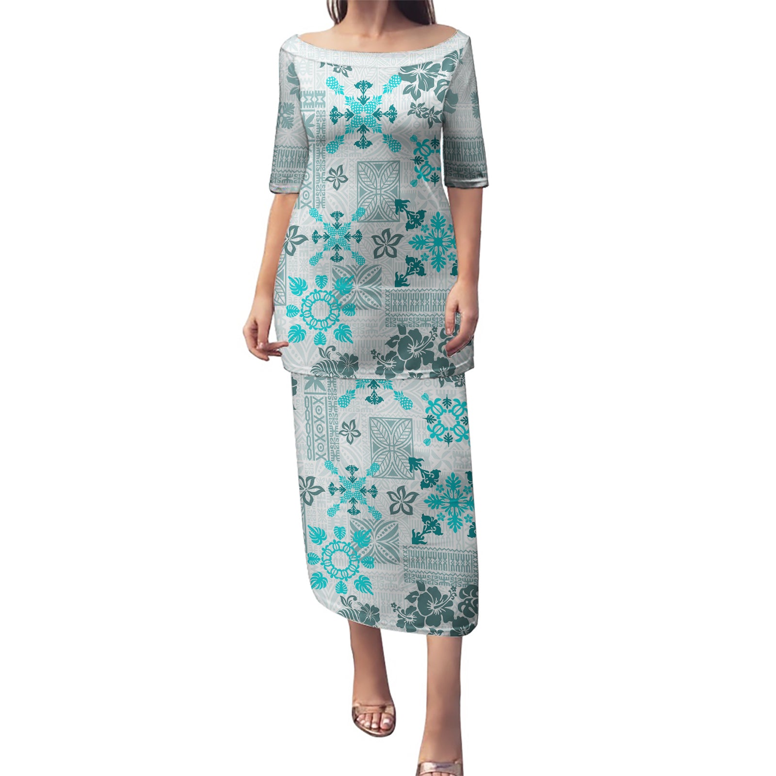 Hawaii Tapa Tribal Puletasi With Hawaiian Quilt Pattern Aqua LT9 Long Dress Aqua - Polynesian Pride