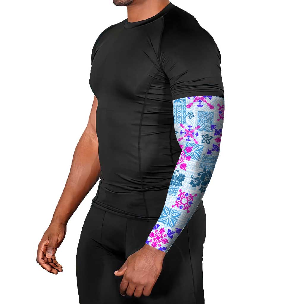 Hawaii Tapa Tribal Arm Sleeves With Hawaiian Quilt Pattern Blue - Polynesian Pride