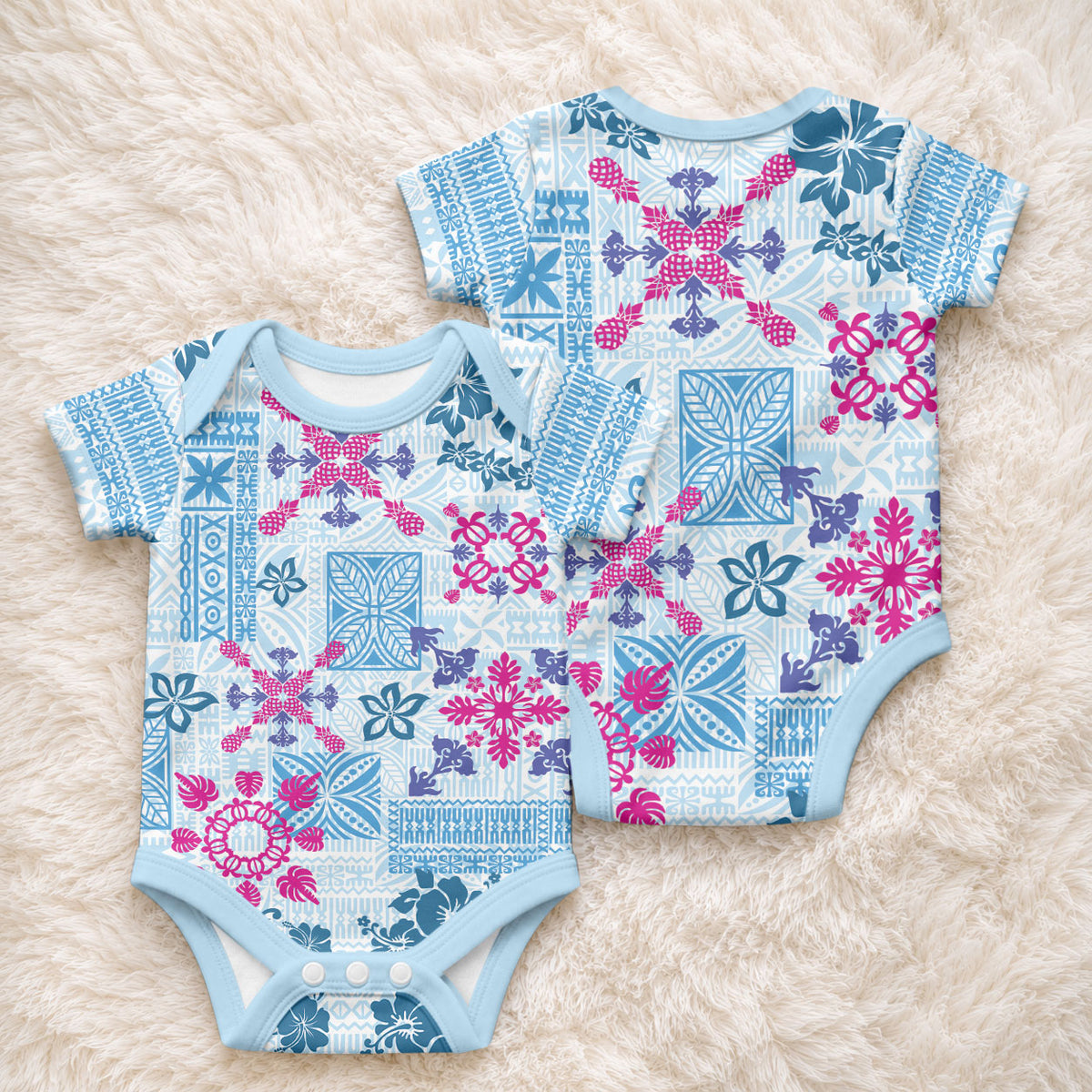 Hawaii Tapa Tribal Baby Onesie With Hawaiian Quilt Pattern Blue LT9 - Polynesian Pride