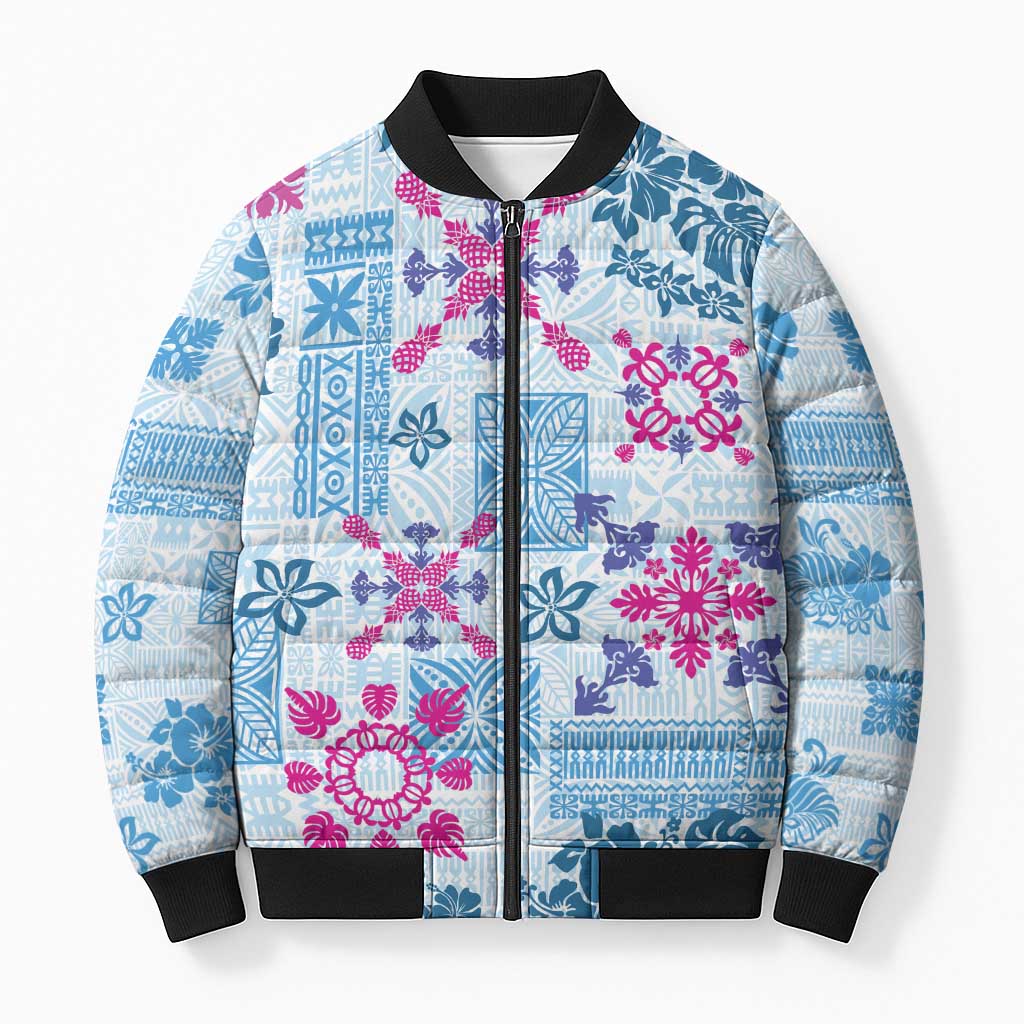 Hawaii Tapa Tribal Bomber Puffer Jacket With Hawaiian Quilt Pattern Blue - Polynesian Pride