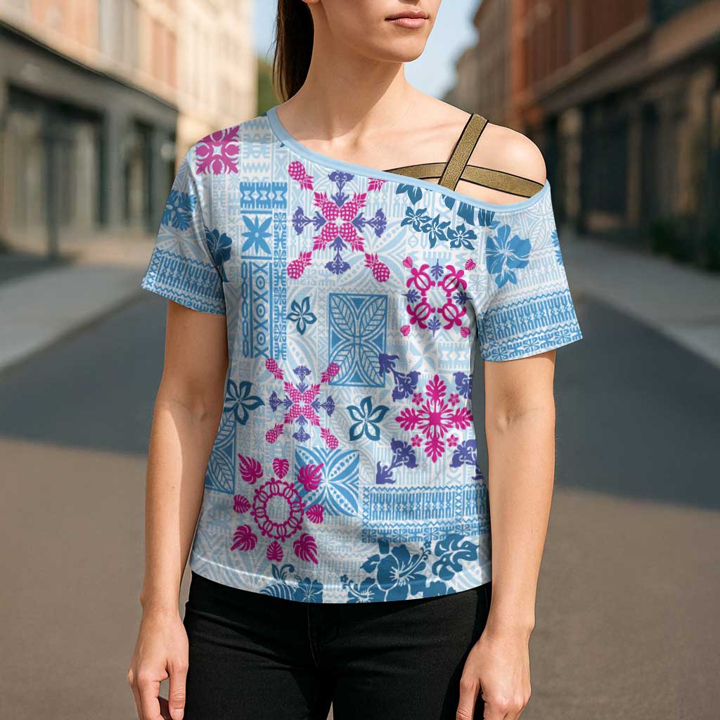 Hawaii Tapa Tribal Cross Shoulder Shirt With Hawaiian Quilt Pattern Blue - Polynesian Pride