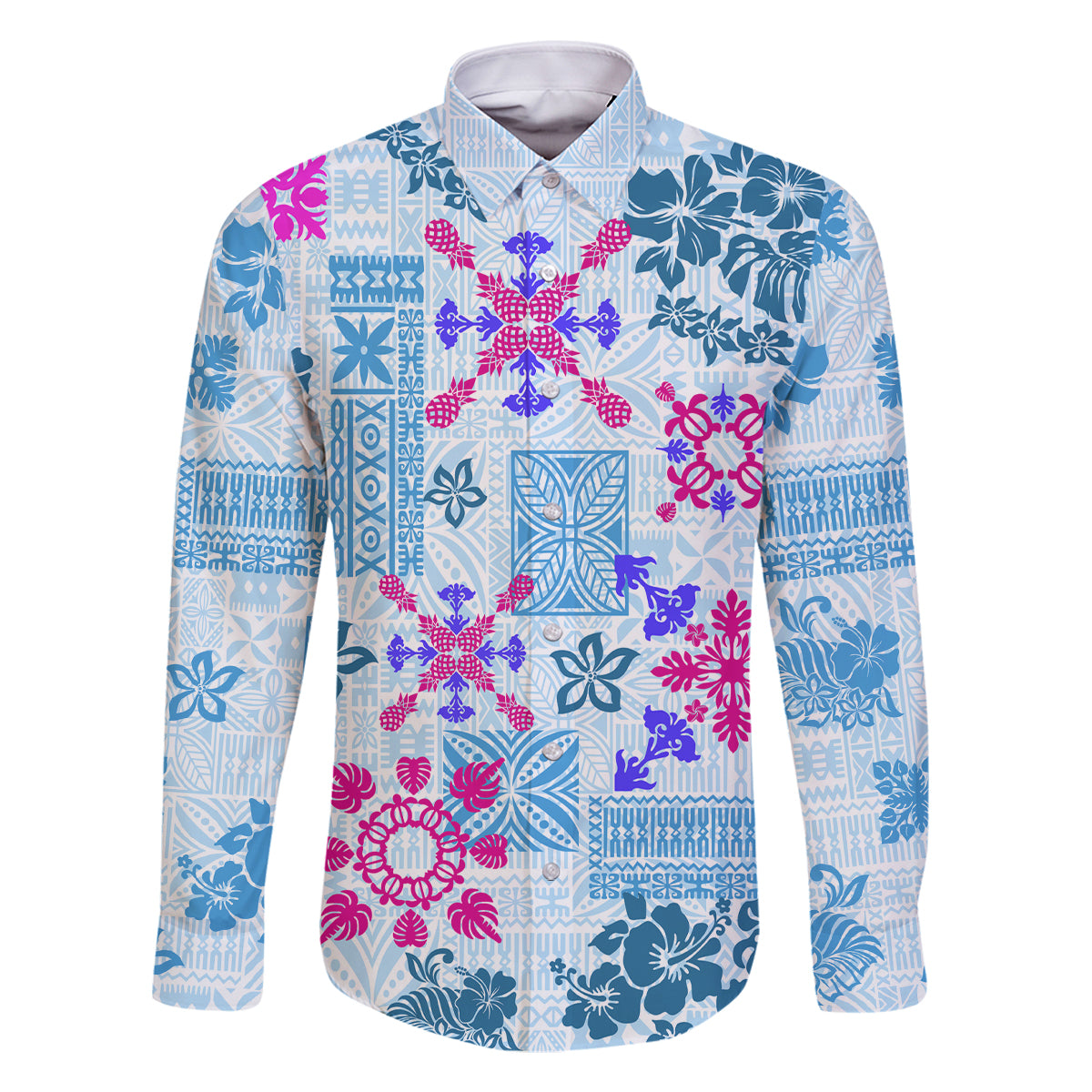 Hawaii Tapa Tribal Family Matching Off Shoulder Long Sleeve Dress and Hawaiian Shirt With Hawaiian Quilt Pattern Blue LT9 Dad's Shirt - Long Sleeve Blue - Polynesian Pride