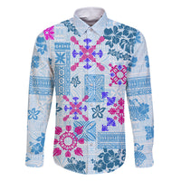 Hawaii Tapa Tribal Family Matching Off Shoulder Long Sleeve Dress and Hawaiian Shirt With Hawaiian Quilt Pattern Blue LT9 Dad's Shirt - Long Sleeve Blue - Polynesian Pride