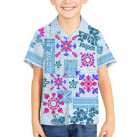Hawaii Tapa Tribal Family Matching Off Shoulder Short Dress and Hawaiian Shirt With Hawaiian Quilt Pattern Blue LT9 Son's Shirt Blue - Polynesian Pride