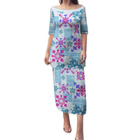 Hawaii Tapa Tribal Family Matching Puletasi Dress and Hawaiian Shirt With Hawaiian Quilt Pattern Blue LT9 Mom's Dress Blue - Polynesian Pride