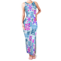Hawaii Tapa Tribal Family Matching Tank Maxi Dress and Hawaiian Shirt With Hawaiian Quilt Pattern Blue LT9 Mom's Dress Blue - Polynesian Pride