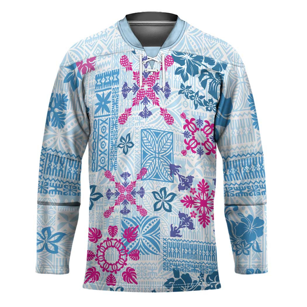 Hawaii Tapa Tribal Hockey Jersey With Hawaiian Quilt Pattern Blue - Polynesian Pride
