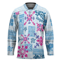 Hawaii Tapa Tribal Hockey Jersey With Hawaiian Quilt Pattern Blue - Polynesian Pride