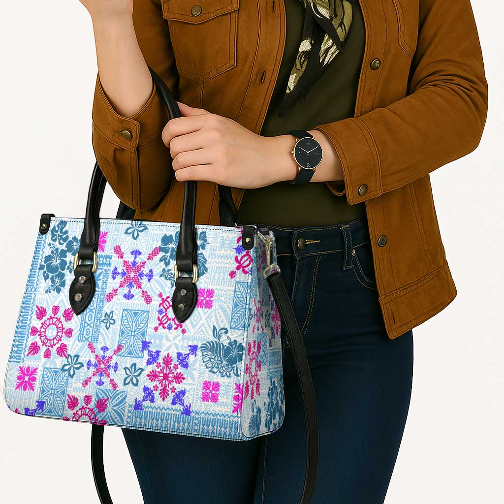 Hawaii Tapa Tribal Leather Bag With Hawaiian Quilt Pattern Blue - Polynesian Pride