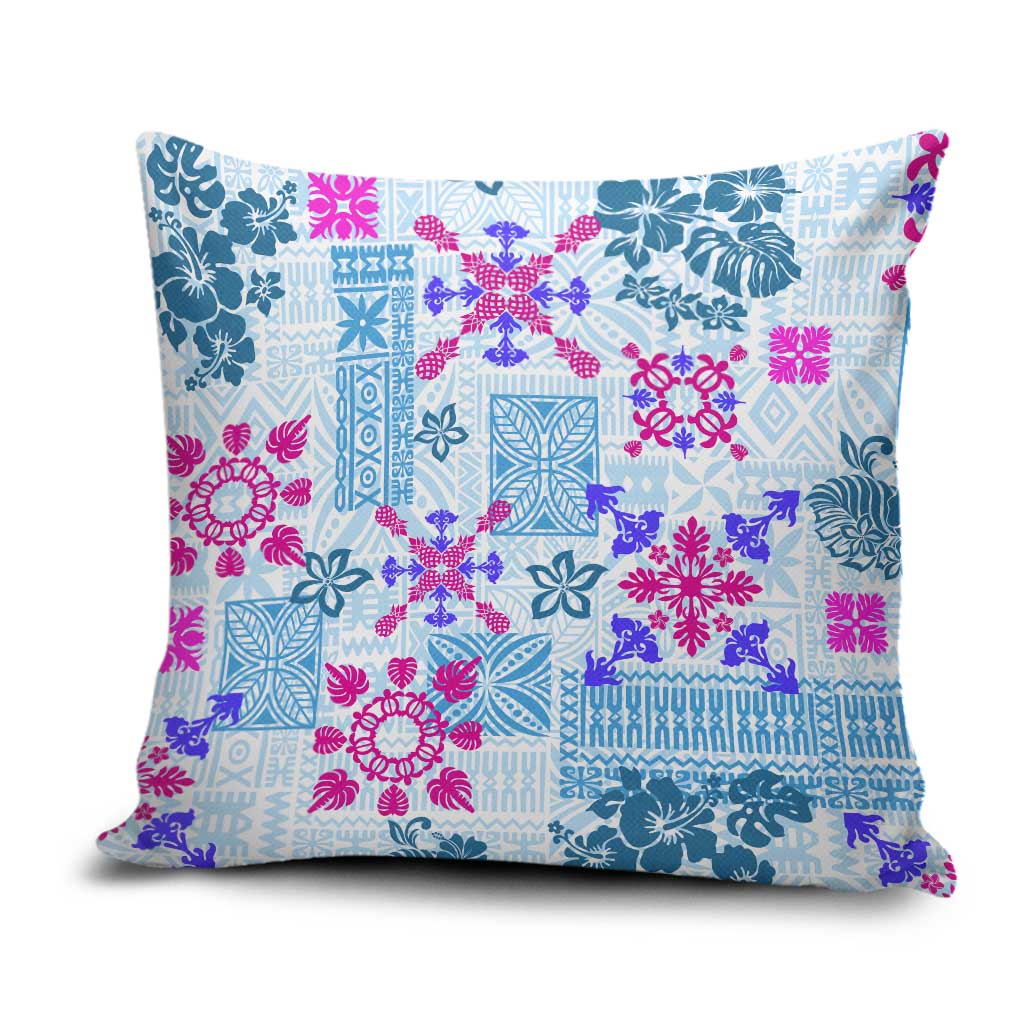 Hawaii Tapa Tribal Pillow Cover With Hawaiian Quilt Pattern Blue - Polynesian Pride