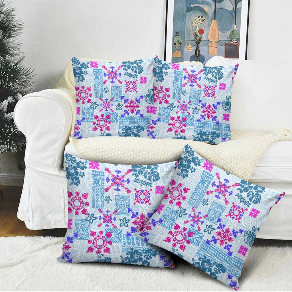Hawaii Tapa Tribal Pillow Cover With Hawaiian Quilt Pattern Blue - Polynesian Pride