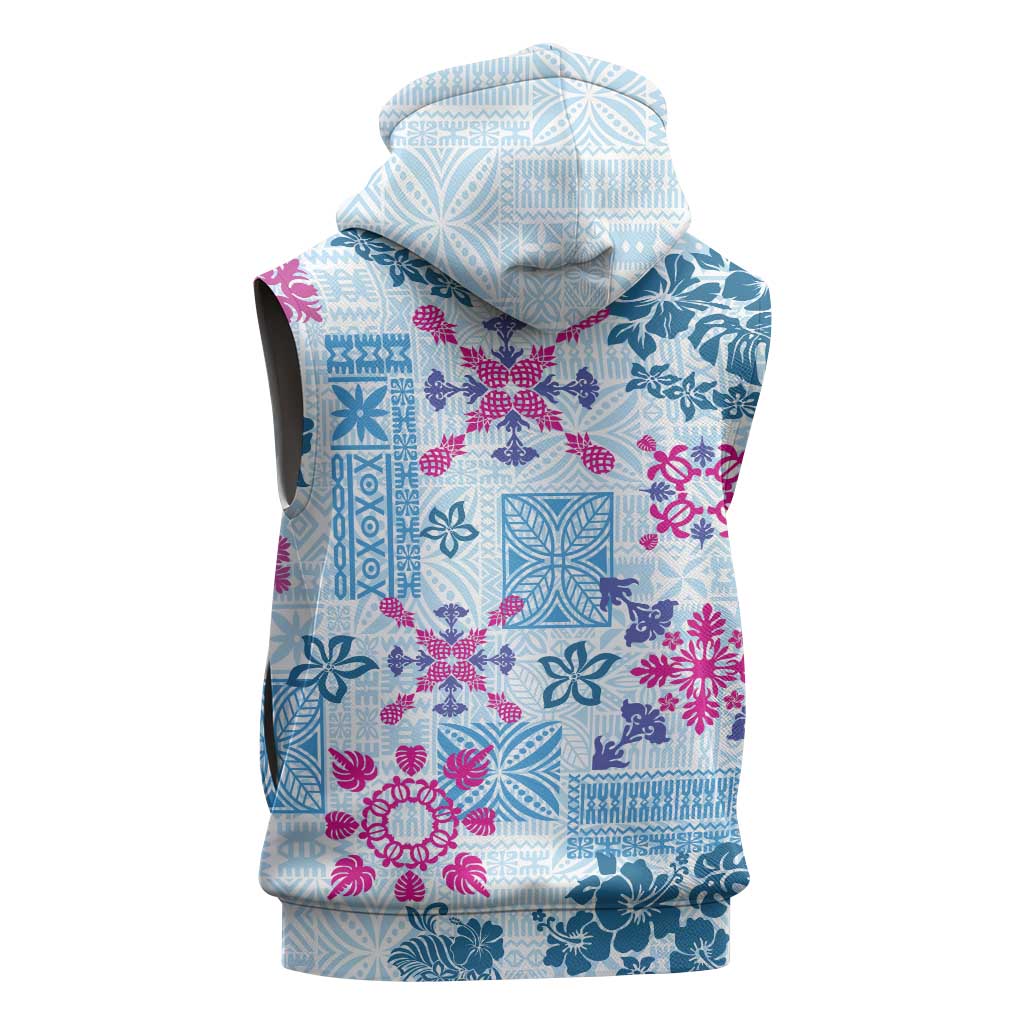 Hawaii Tapa Tribal Sleeveless Hoodie With Hawaiian Quilt Pattern Blue LT9 - Polynesian Pride