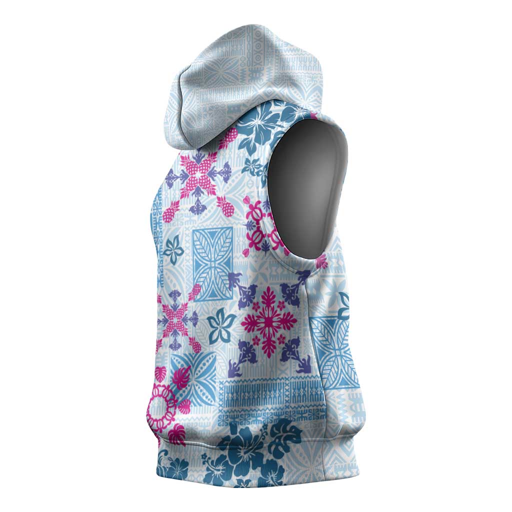 Hawaii Tapa Tribal Sleeveless Hoodie With Hawaiian Quilt Pattern Blue LT9 - Polynesian Pride