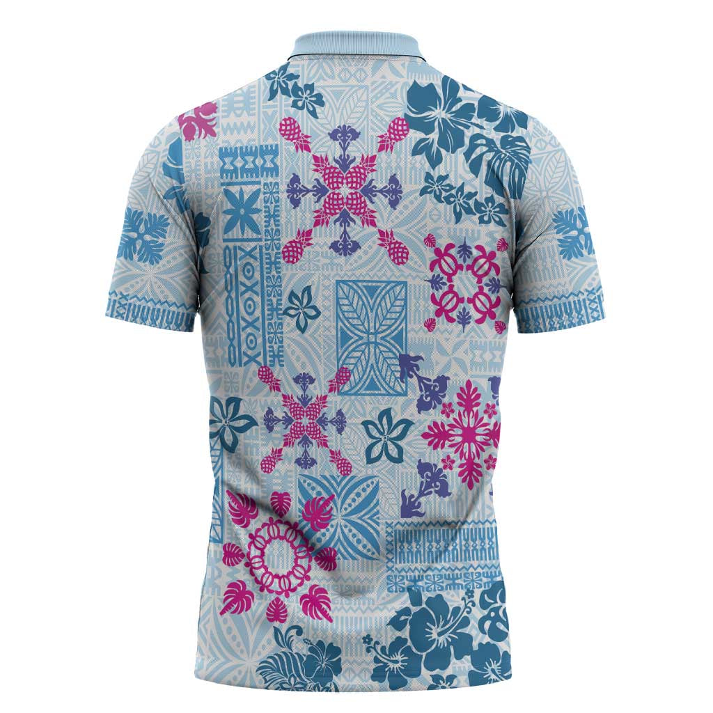 Hawaii Tapa Tribal Zipper Polo Shirt With Hawaiian Quilt Pattern Blue - Polynesian Pride