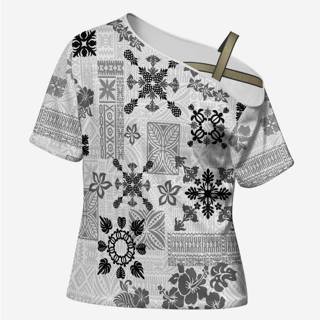 Hawaii Tapa Tribal Cross Shoulder Shirt With Hawaiian Quilt Pattern Black - Polynesian Pride