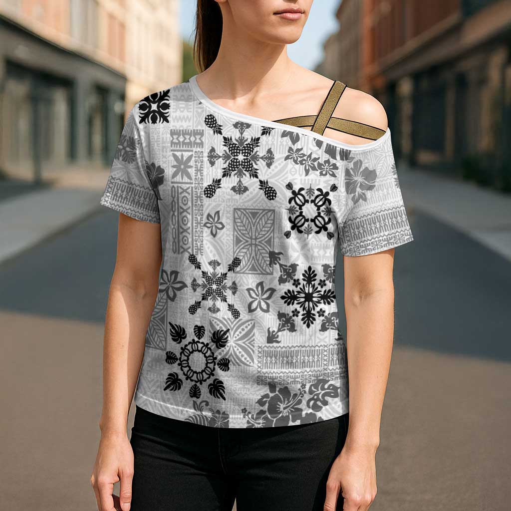 Hawaii Tapa Tribal Cross Shoulder Shirt With Hawaiian Quilt Pattern Black - Polynesian Pride