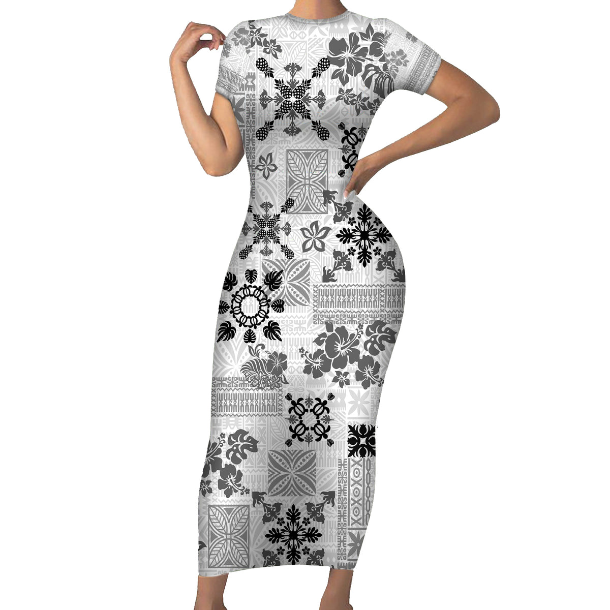 Hawaii Tapa Tribal Family Matching Short Sleeve Bodycon Dress and Hawaiian Shirt With Hawaiian Quilt Pattern Black LT9 Mom's Dress Black - Polynesian Pride