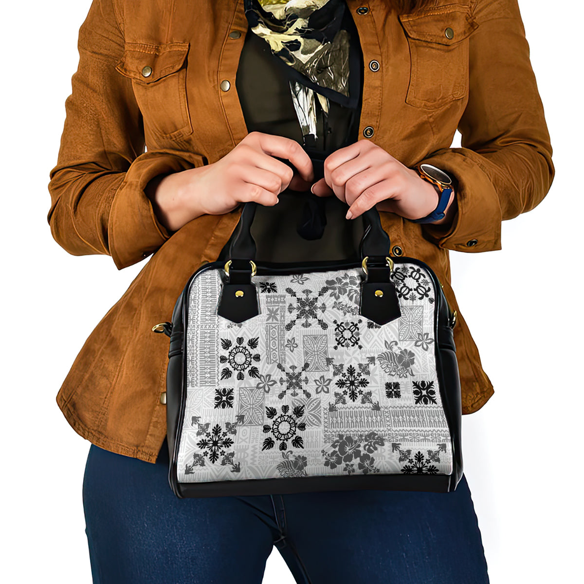 Hawaii Tapa Tribal Shoulder Handbag With Hawaiian Quilt Pattern Black LT9 - Polynesian Pride